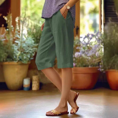 Women's Cotton And Linen Loose Elastic Waist With Pocket Straight-leg Pants