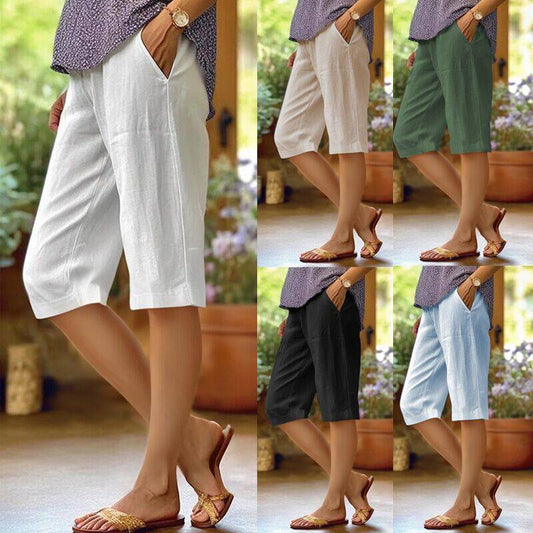 Women's Cotton And Linen Loose Elastic Waist With Pocket Straight-leg Pants